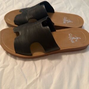 Corkys Black Leather Slides with Tan Sole